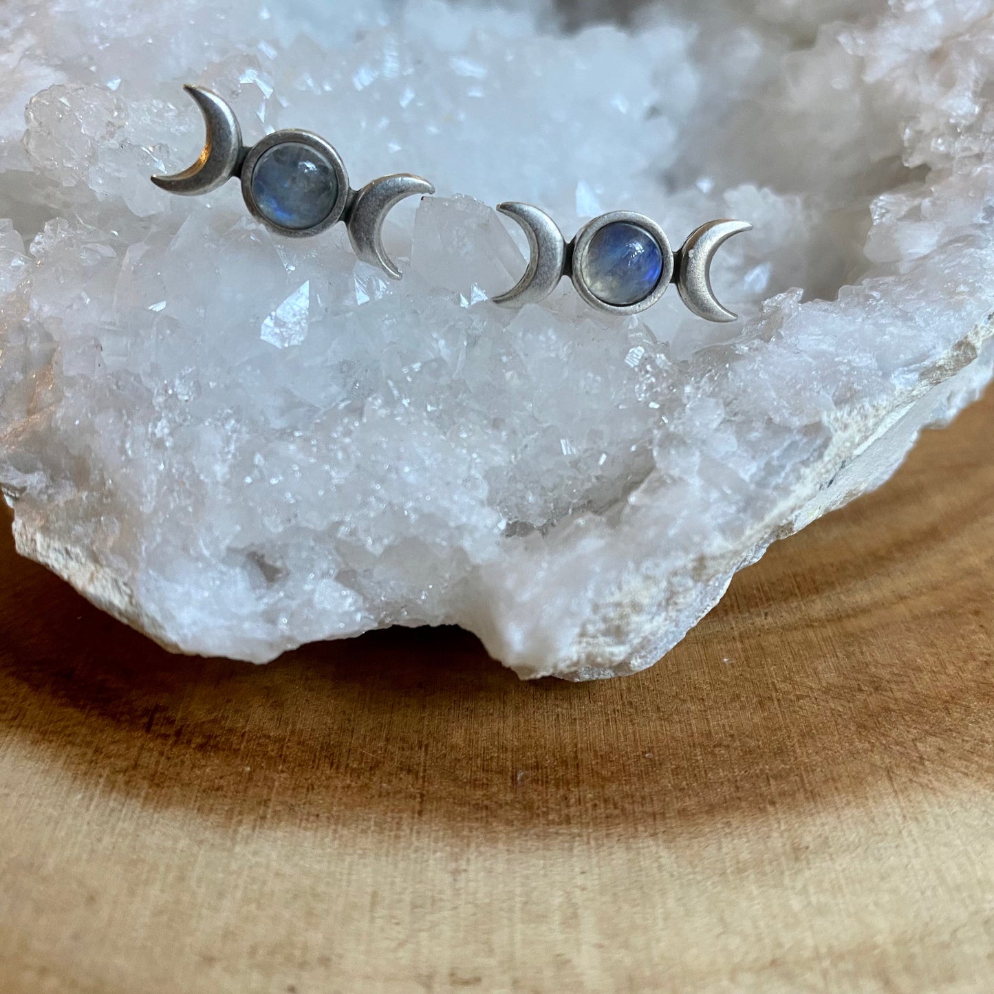 Moonstone Triple Moon Stud Earrings