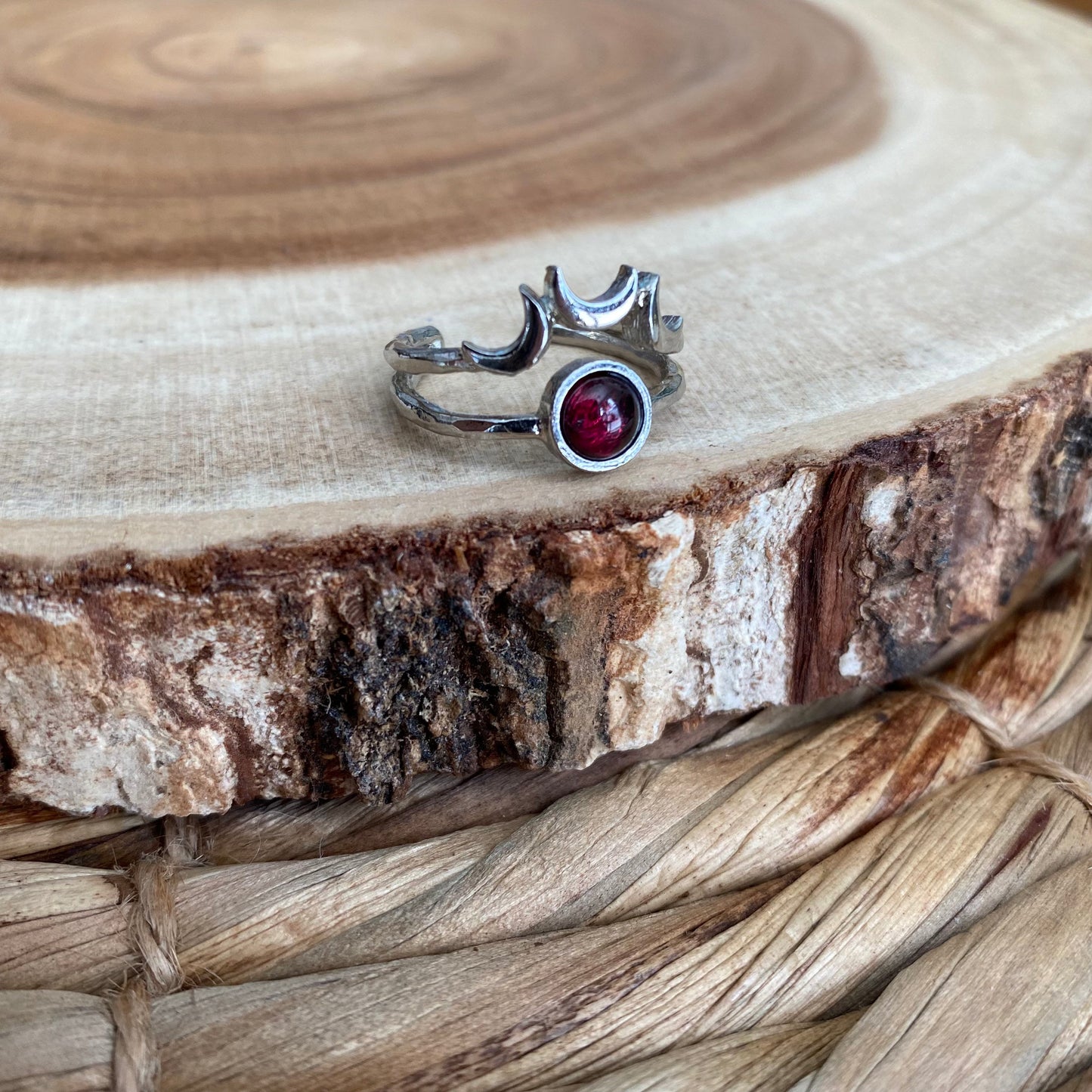 Garnet Silver Moon Adjustable Ring