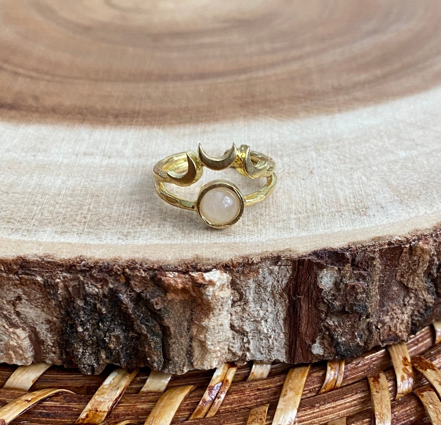 Rose Quartz Brass Moon Ring