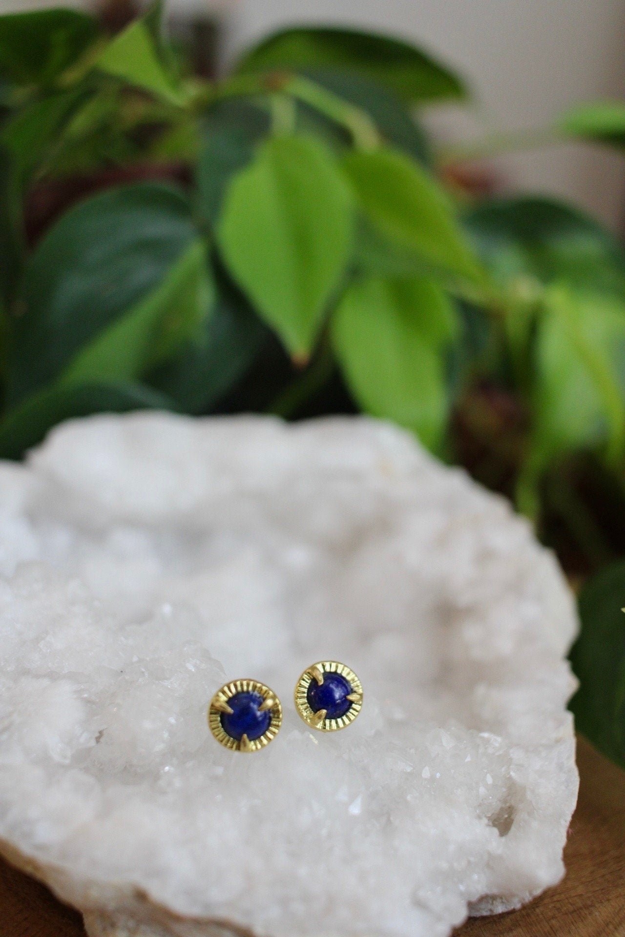 Dainty Brass Lapis Lazuli Earrings, Blue Gemstone Studs, Minimalist Jewelry