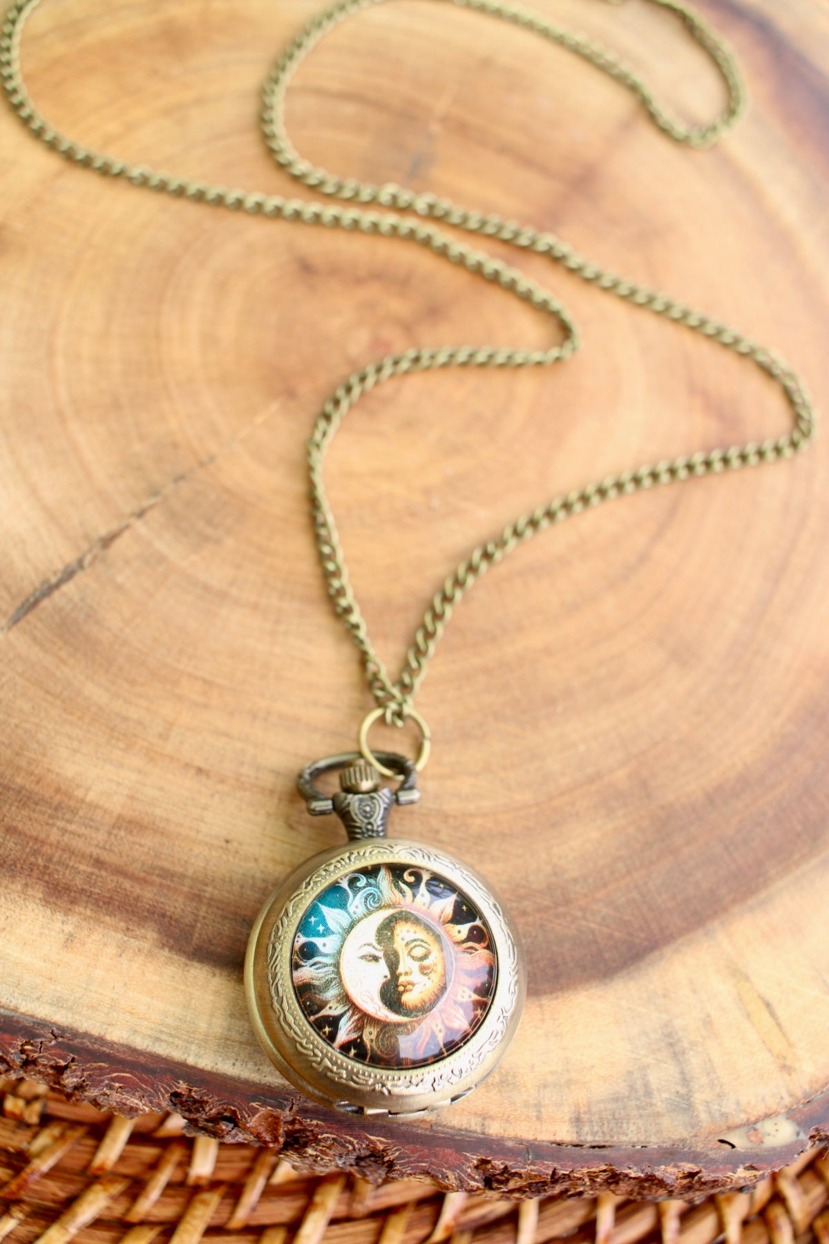 Sun and Moon Phase Pocket Watch Necklace