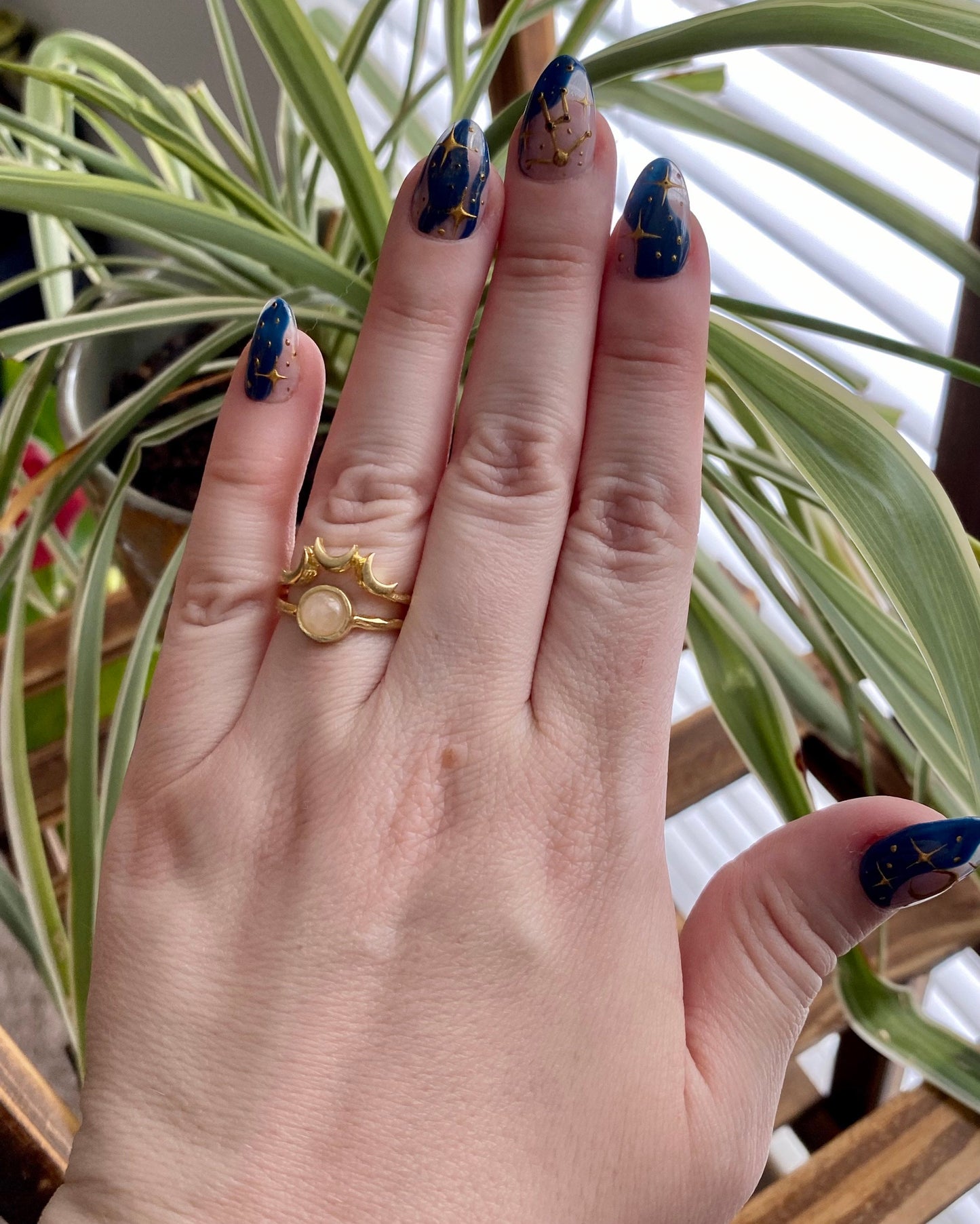 Rose Quartz Brass Moon Ring