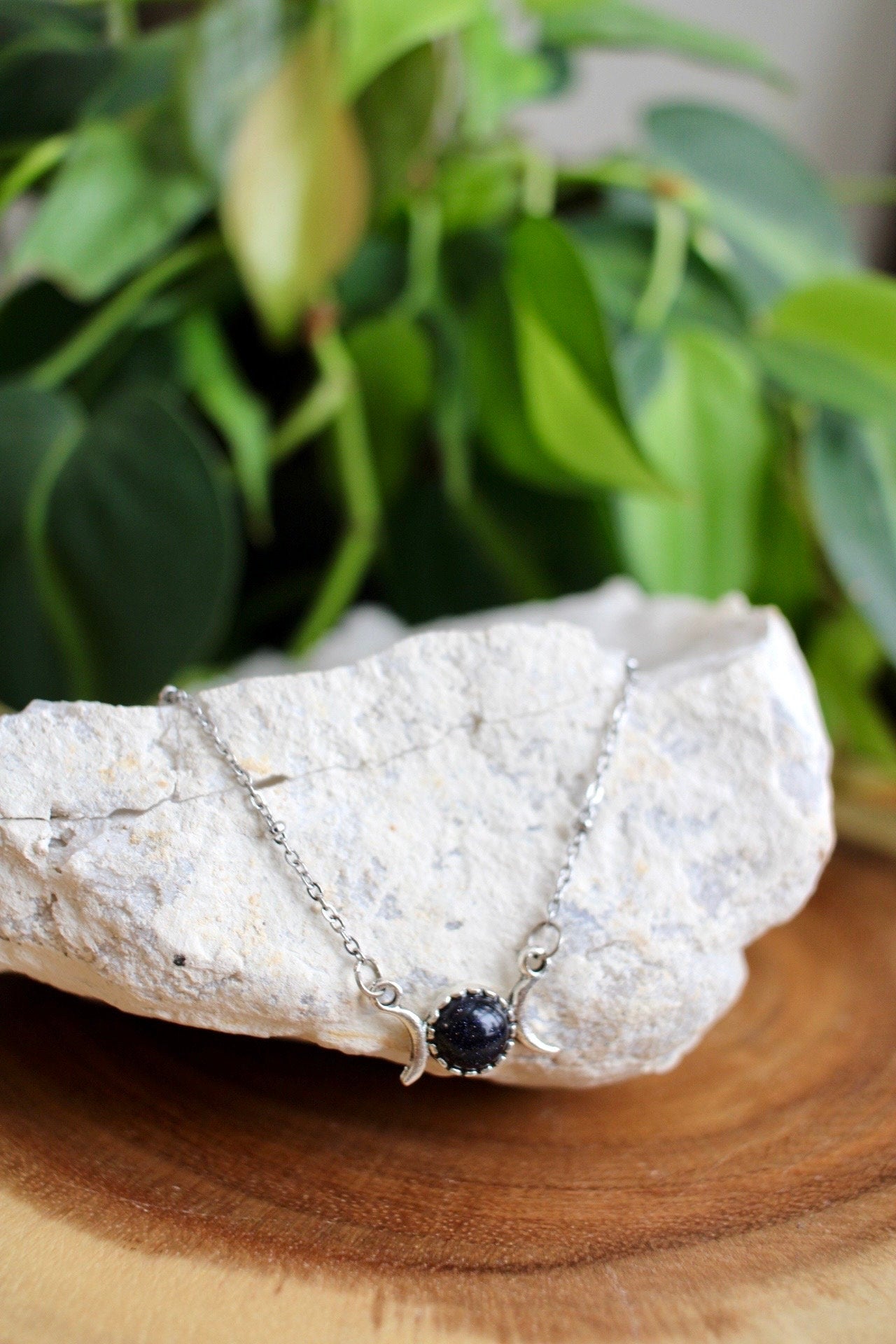 Dainty Triple Moon Blue Goldstone Necklace