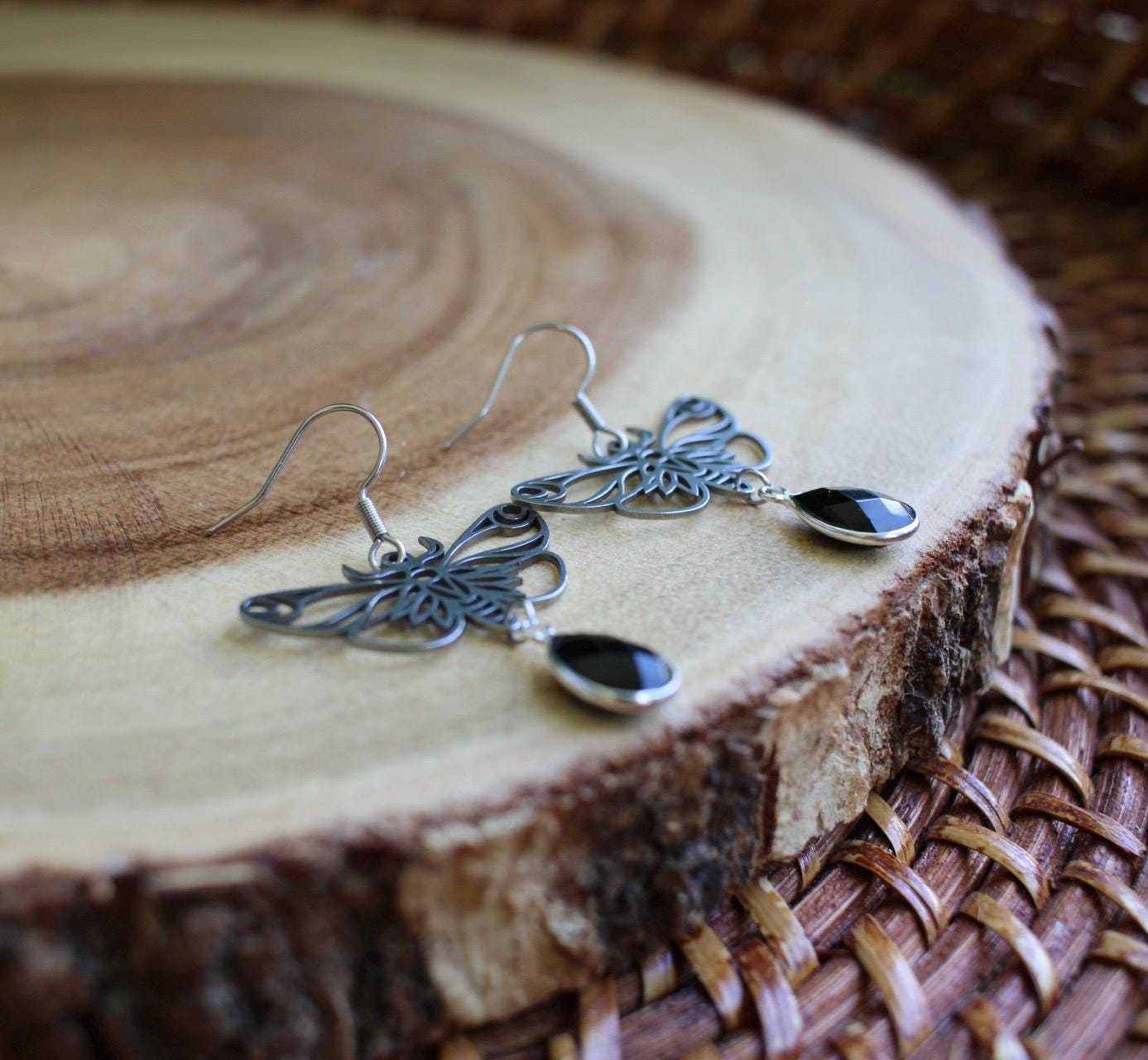 Black Onyx Moth Earrings