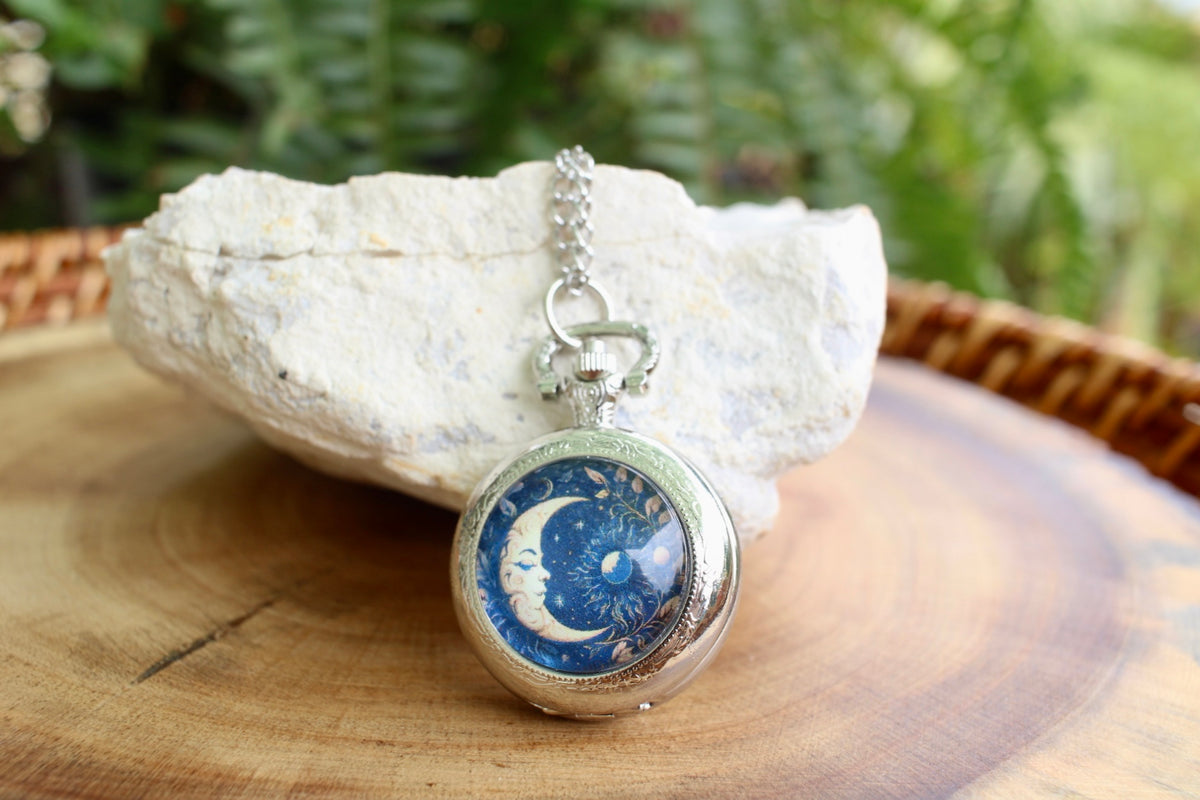 Crescent Moon Pocket Watch Necklace