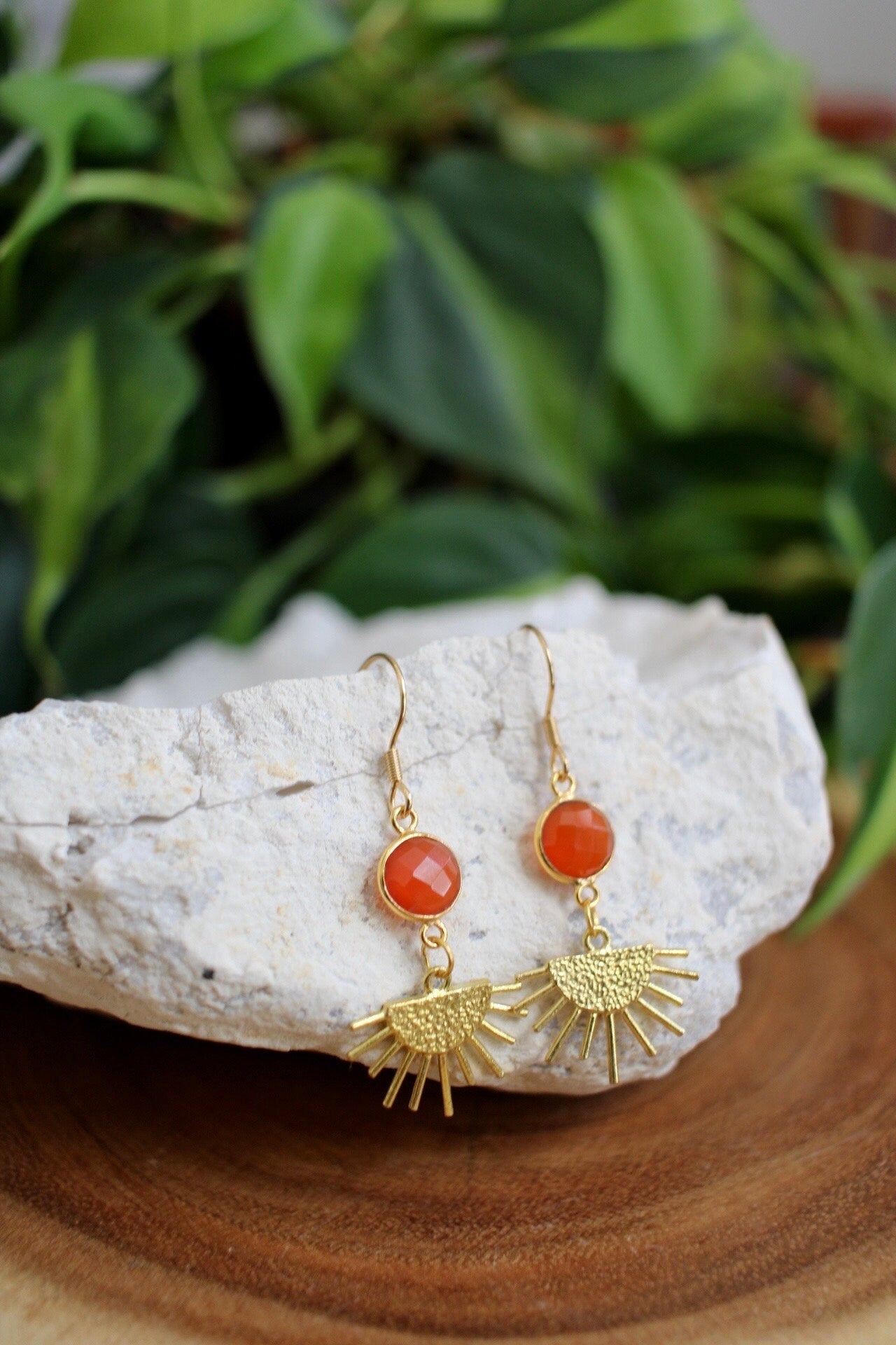 Carnelian Gold Sun Dangle Earrings