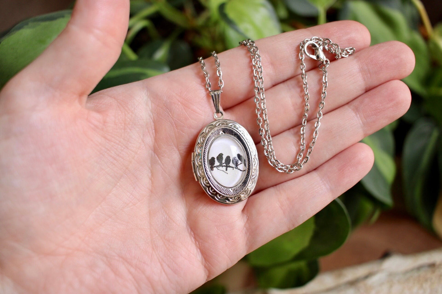 Birds on a Tree Branch Locket Necklace