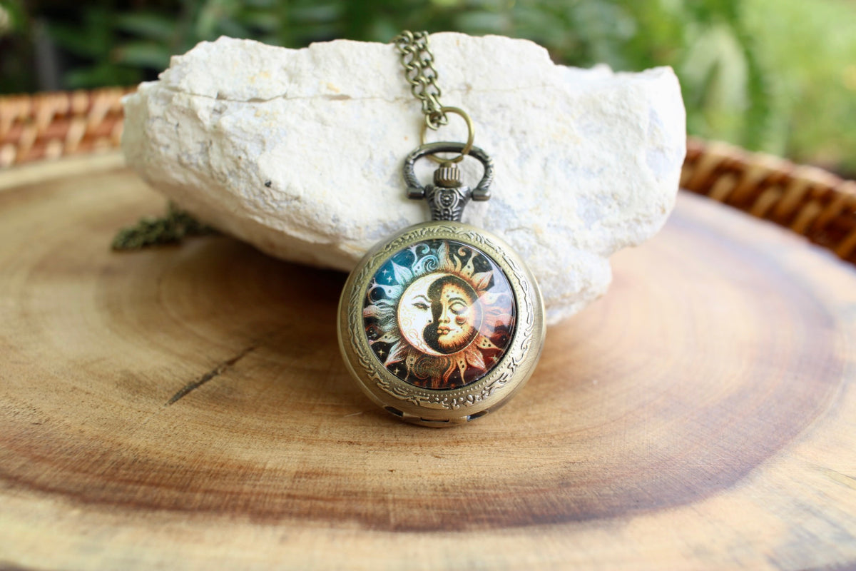 Sun and Moon Phase Pocket Watch Necklace