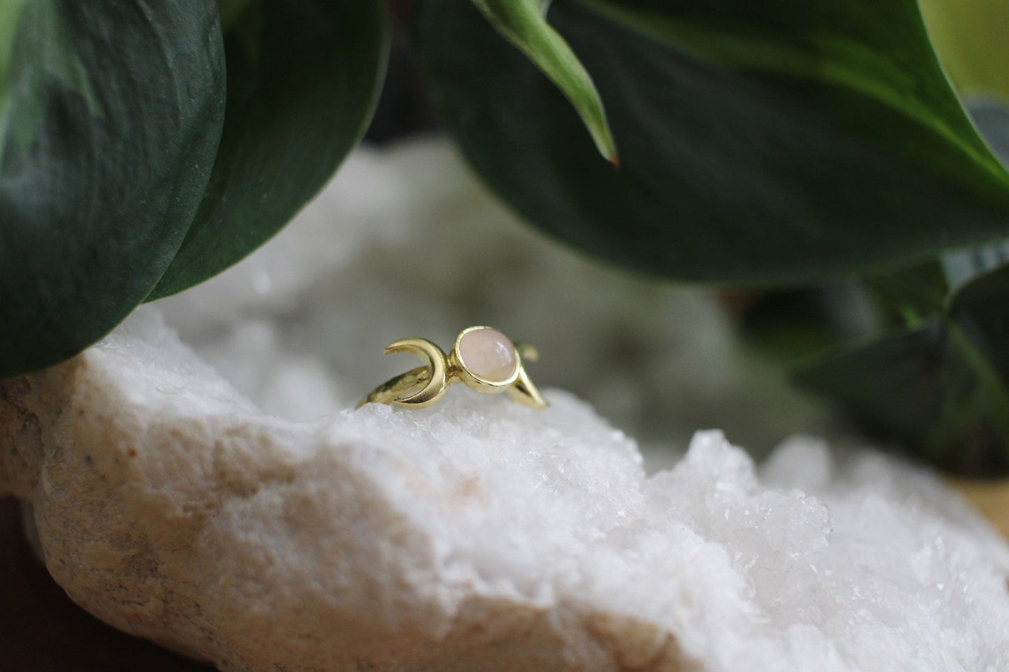 Rose Quartz Triple Moon Ring