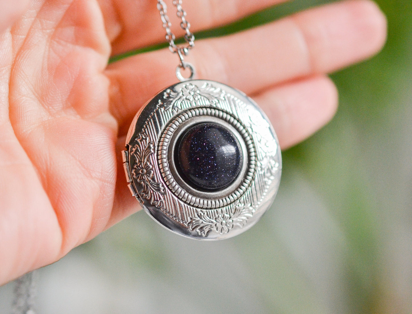 Blue Goldstone Gemstone Locket Necklace