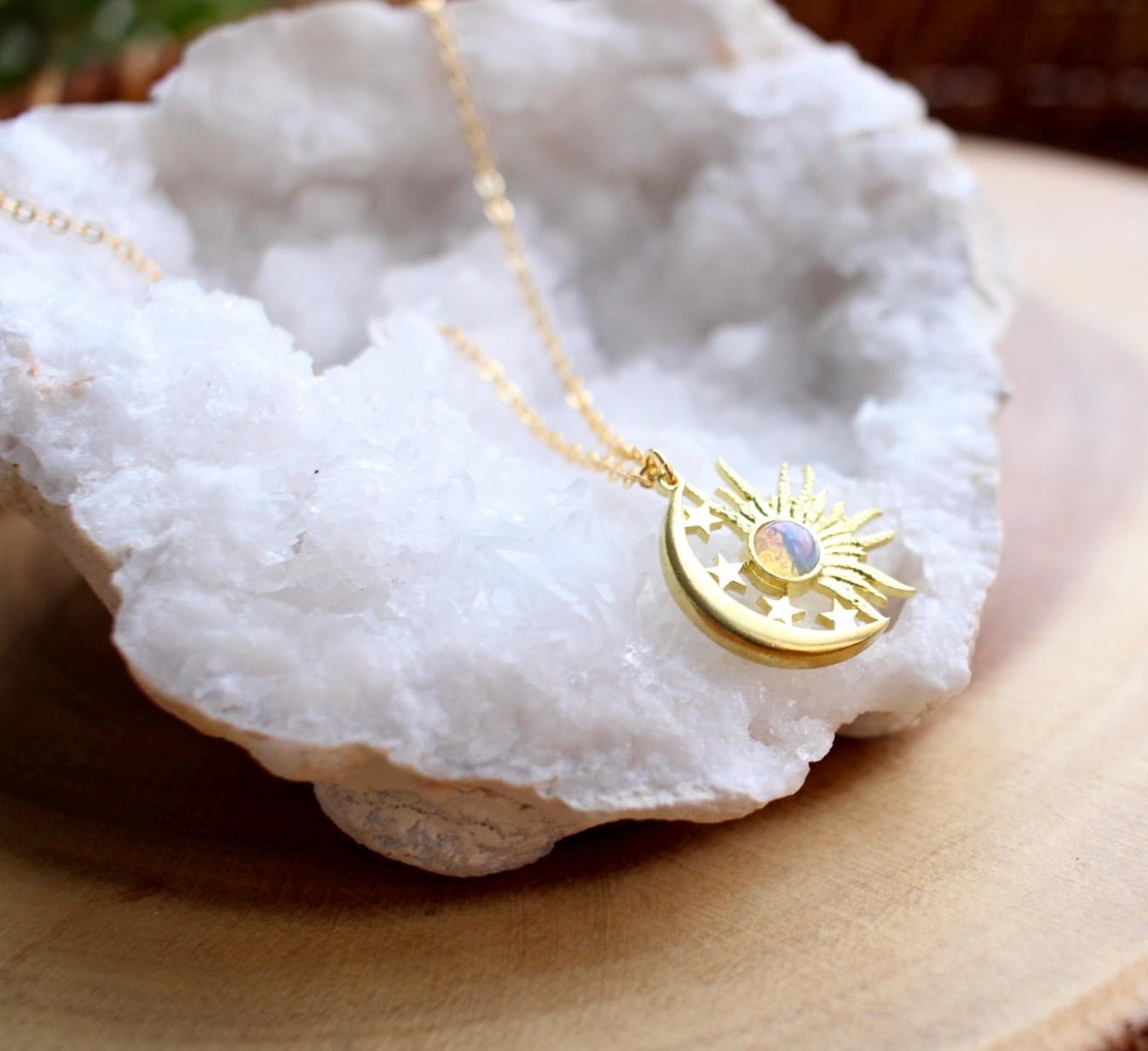 Opalite Celestial Sun Moon Stars Necklace