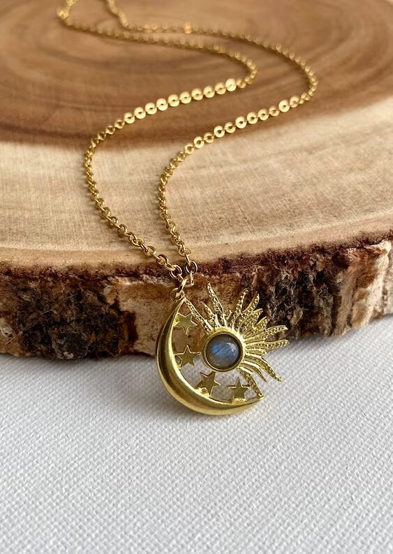 Celestial Sun Moon & Stars Labradorite Necklace