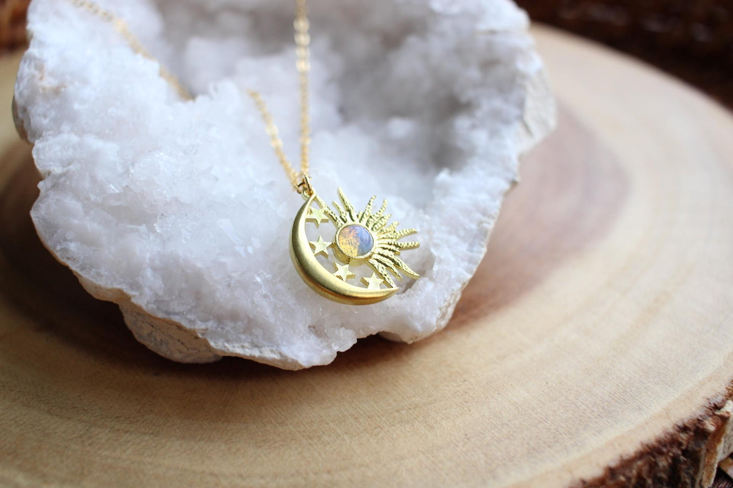 Opalite Celestial Sun Moon Stars Necklace