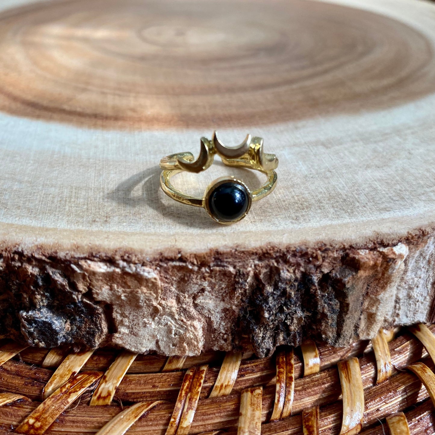 Black Onyx Brass Moon Ring