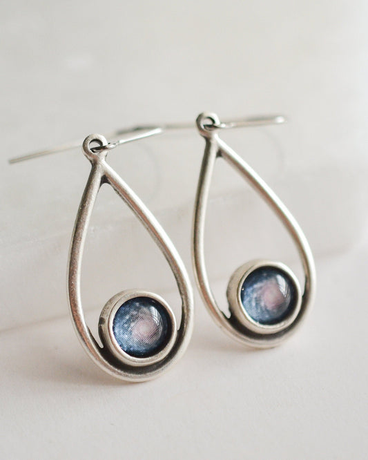 Silver teardrop earrings with galaxy printed domes