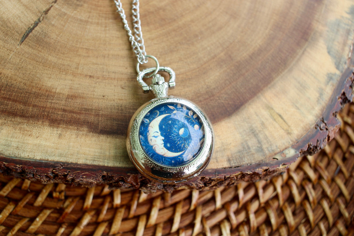 Crescent Moon Pocket Watch Necklace