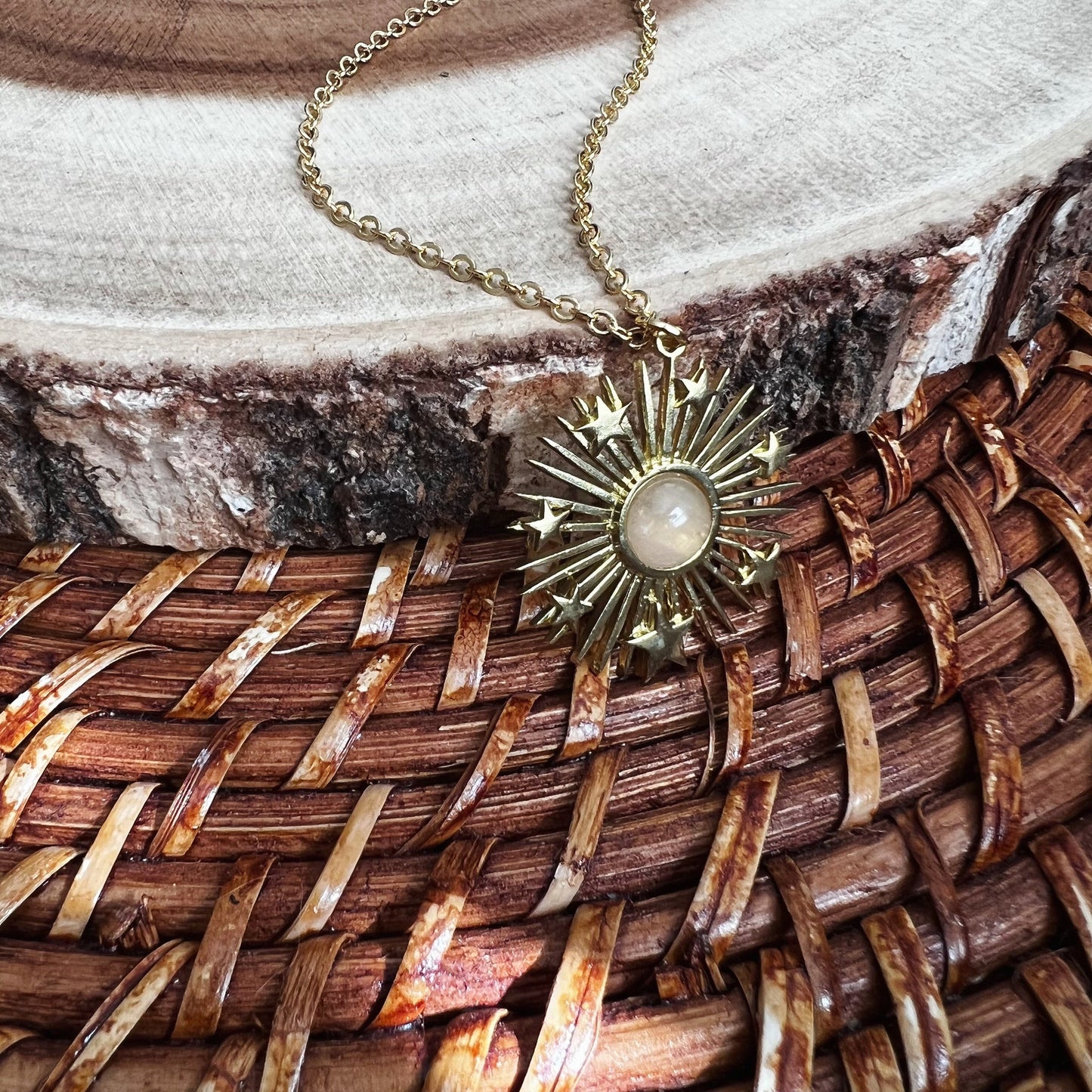 Rose Quartz Sun and Stars Celestial Necklace