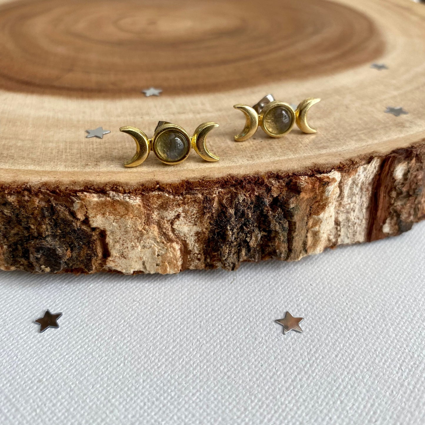 Labradorite Triple Moon Stud Earrings