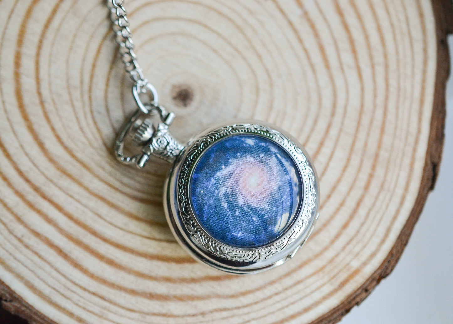 Blue Spiral Galaxy Pocket Watch Necklace