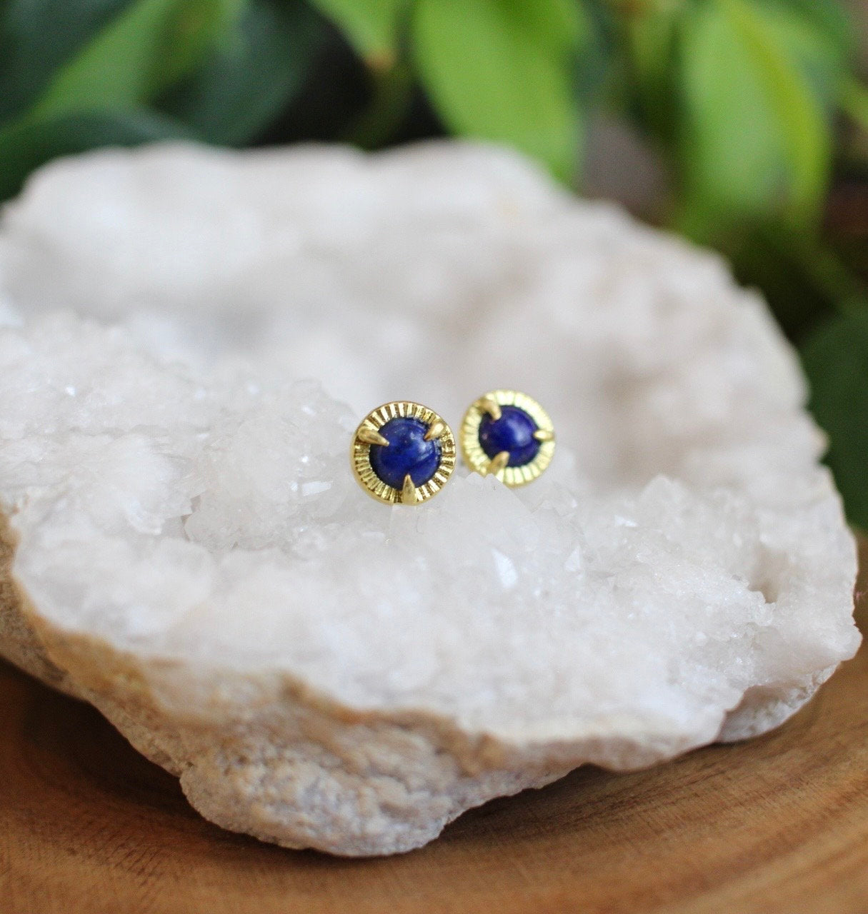 Dainty Brass Lapis Lazuli Earrings, Blue Gemstone Studs, Minimalist Jewelry