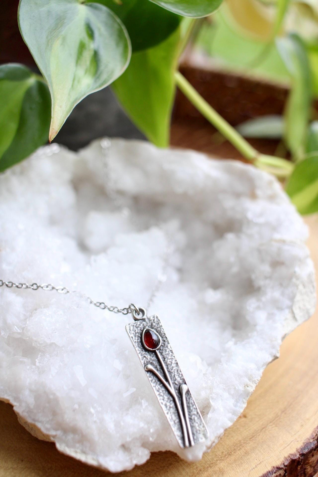 Silver Flower Garnet Necklace