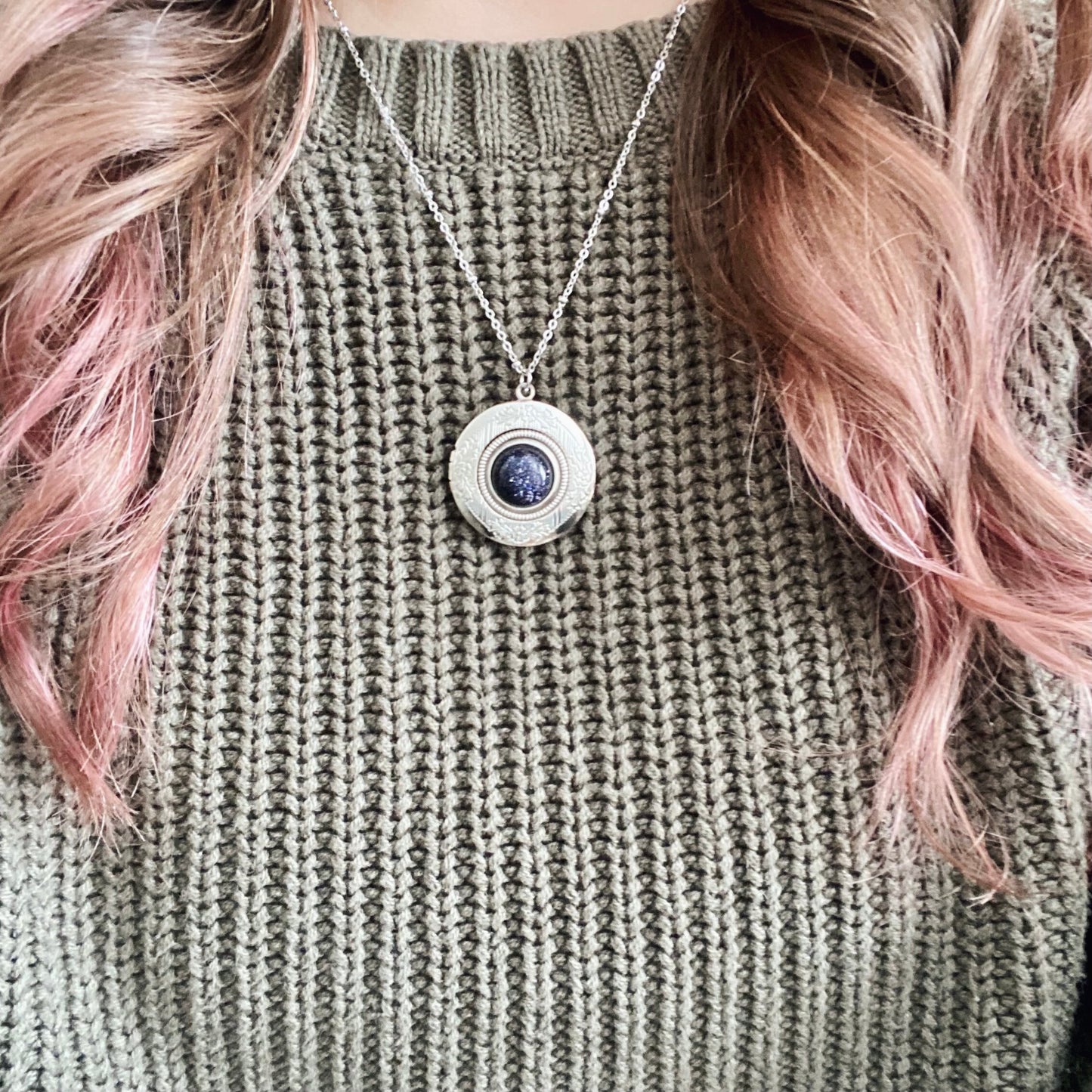 Blue Goldstone Gemstone Locket Necklace