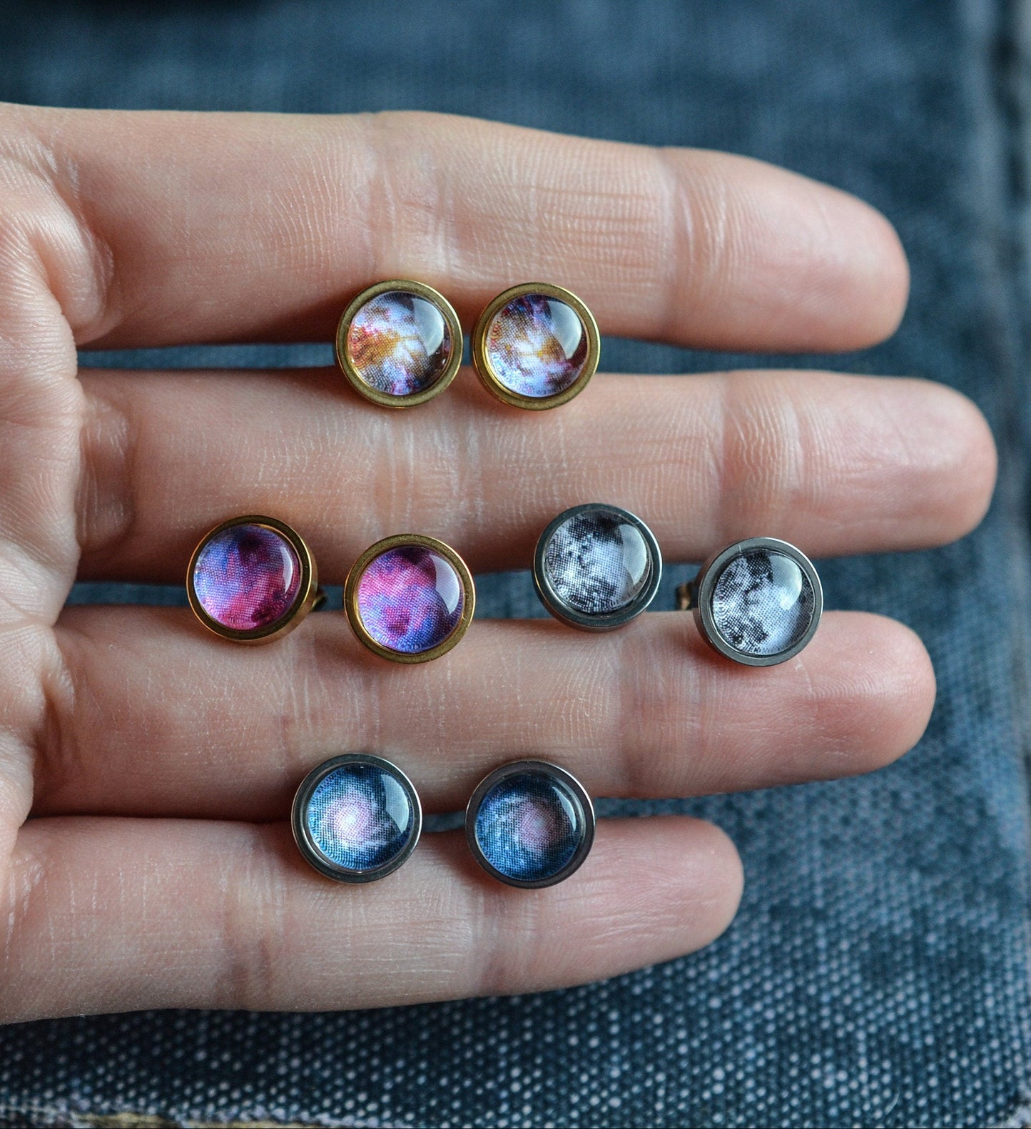Dainty Blue Spiral Galaxy Stud Earrings