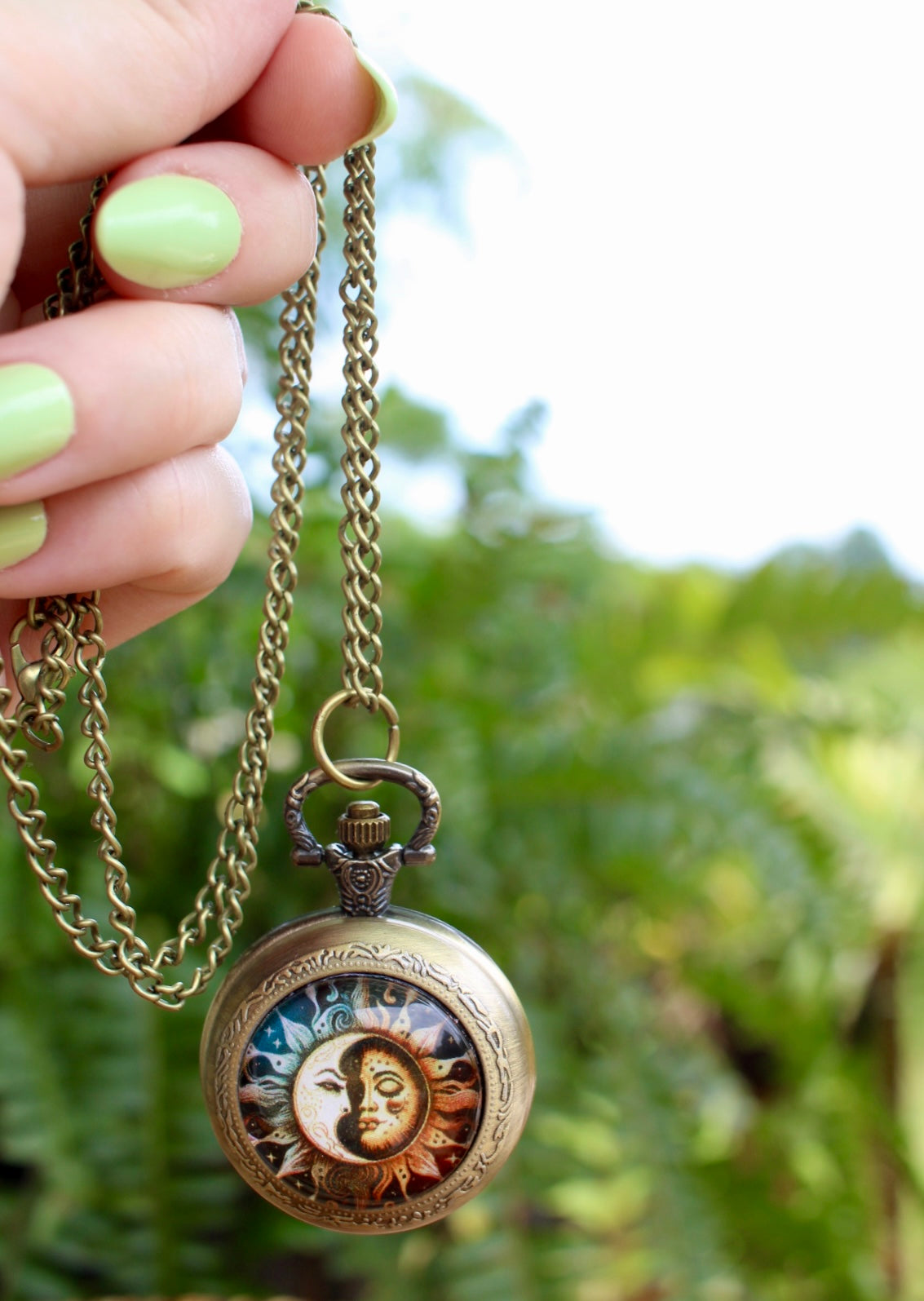 Sun and Moon Phase Pocket Watch Necklace