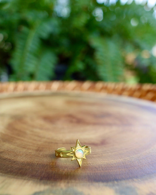 Gold ring with a star design on a wooden surface with blurred greenery in the background