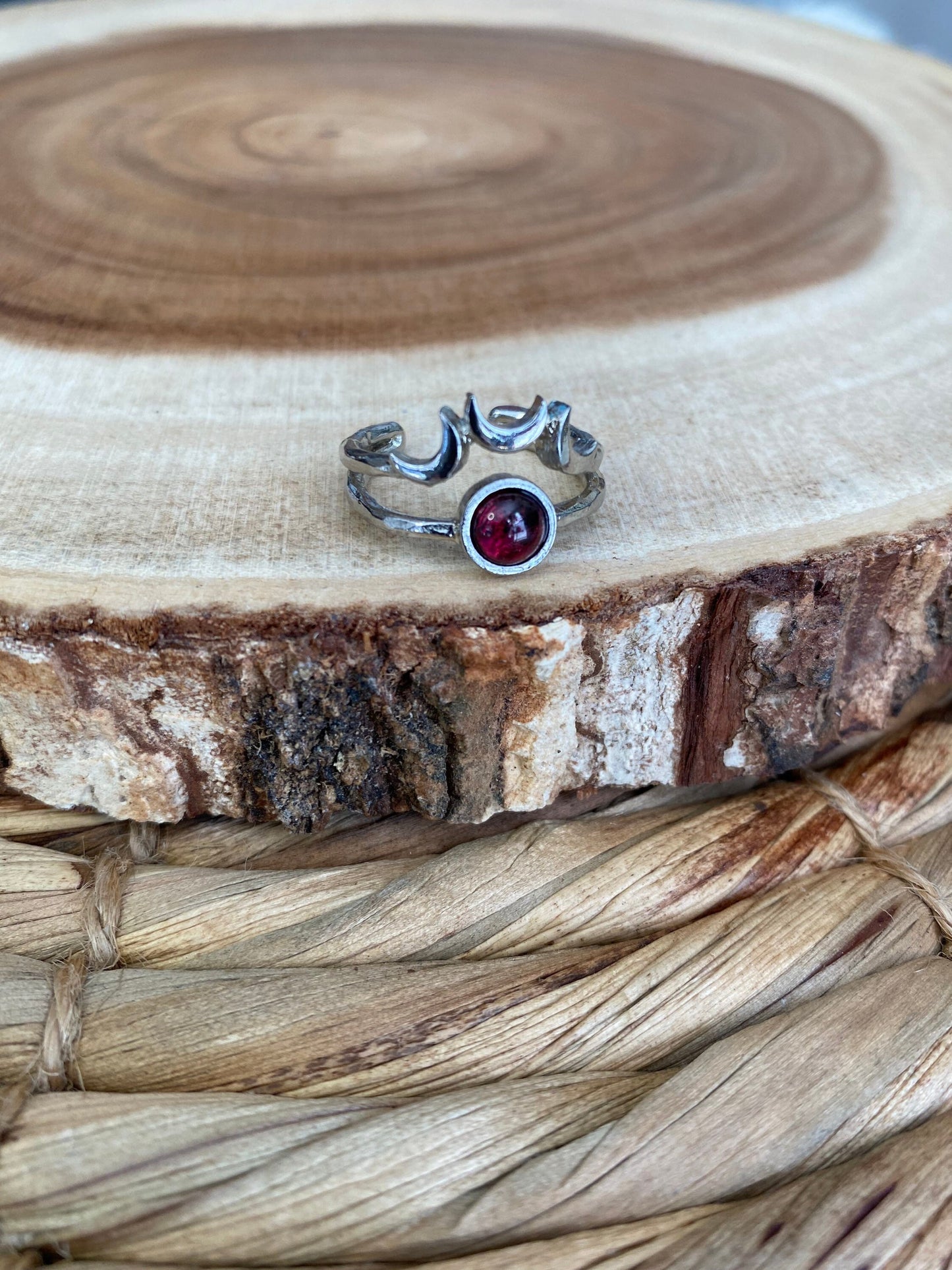Garnet Silver Moon Adjustable Ring