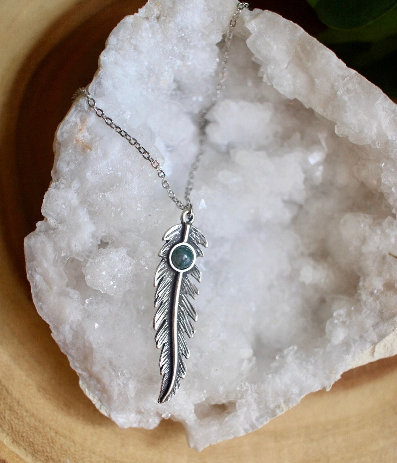 Moss Agate Feather Necklace