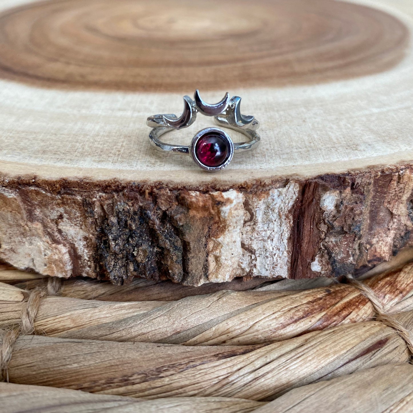 Garnet Silver Moon Adjustable Ring