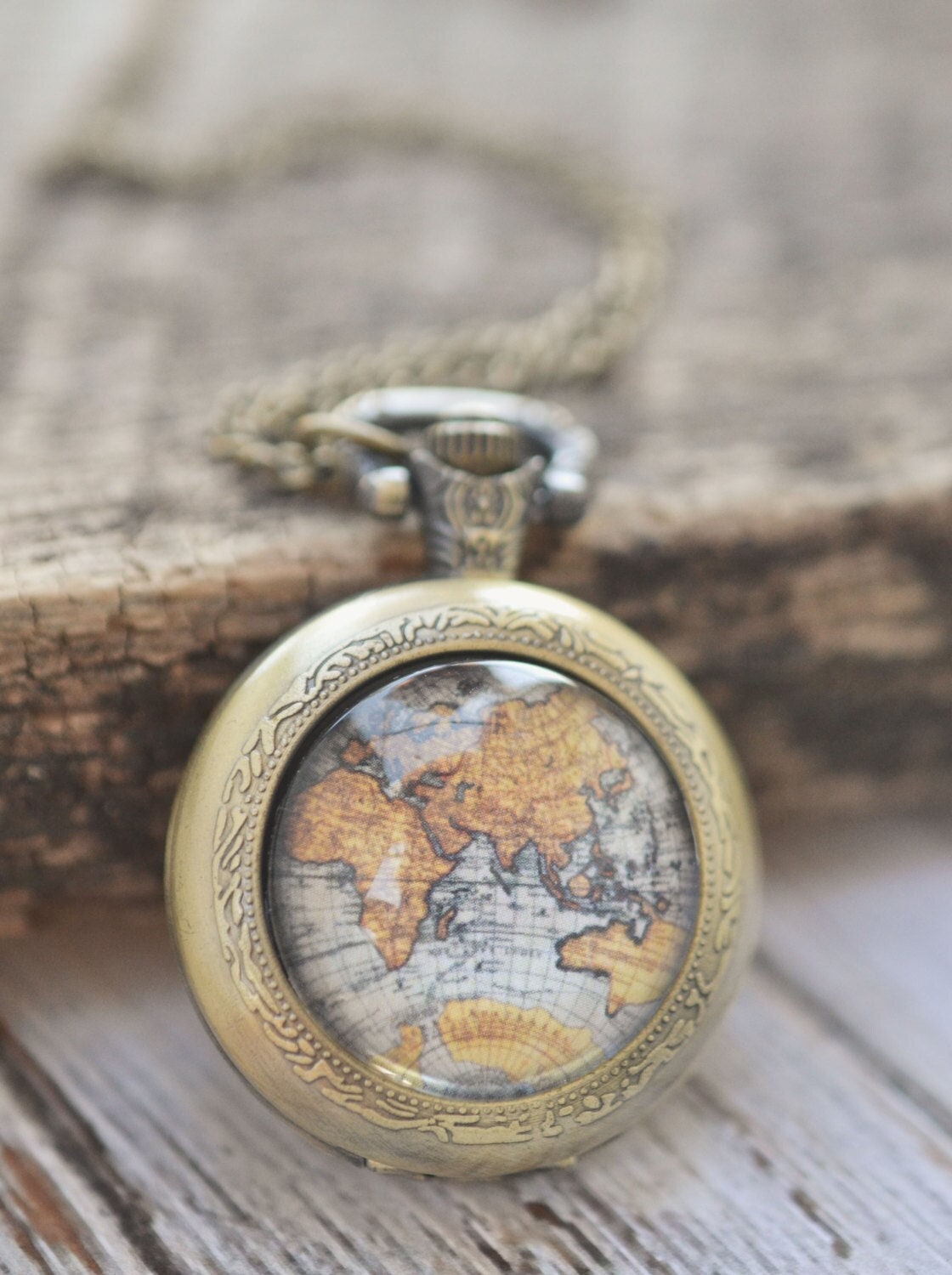 Vintage Map Pocket Watch Necklace