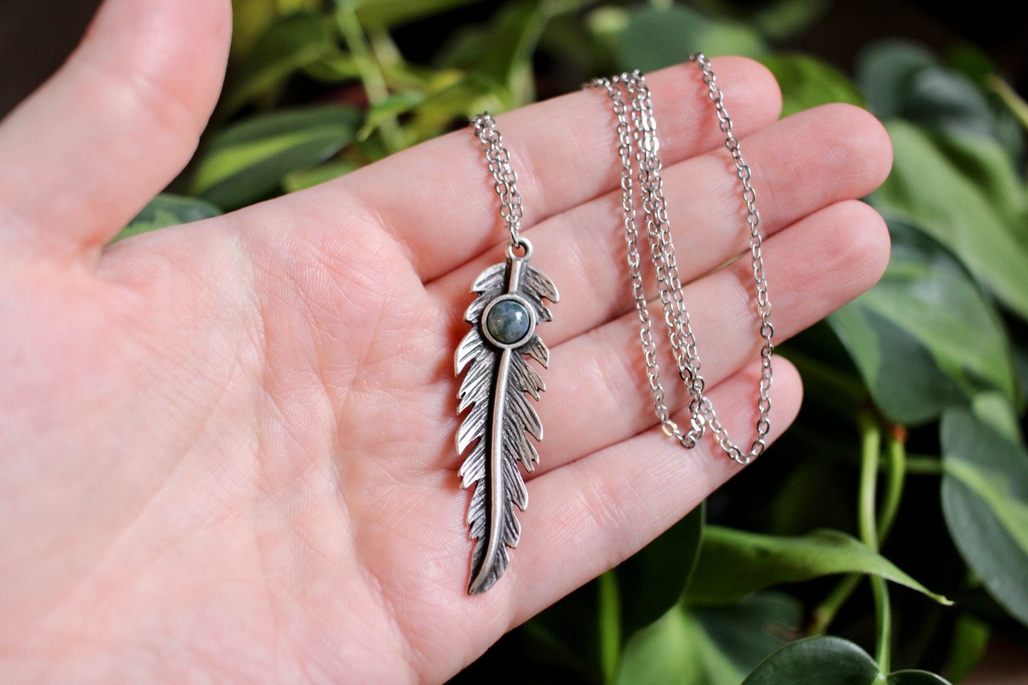 Moss Agate Feather Necklace