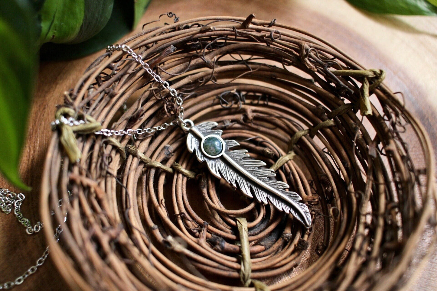 Moss Agate Feather Necklace