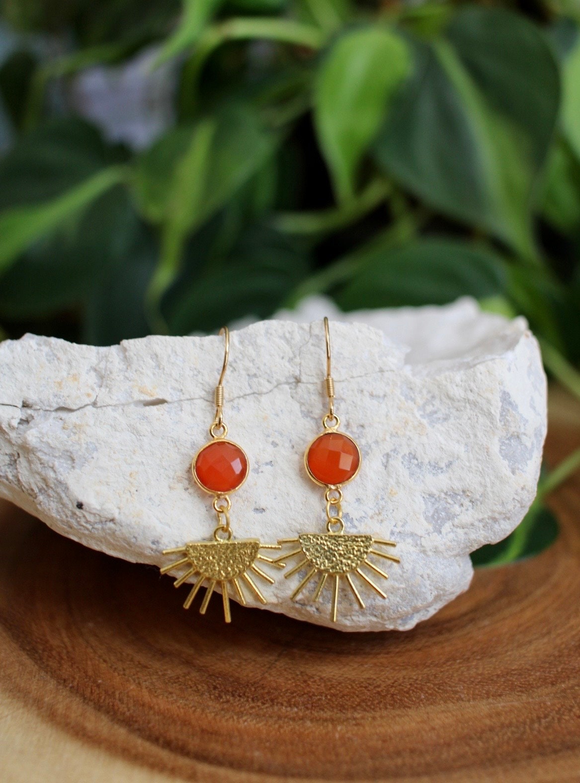 Carnelian Gold Sun Dangle Earrings