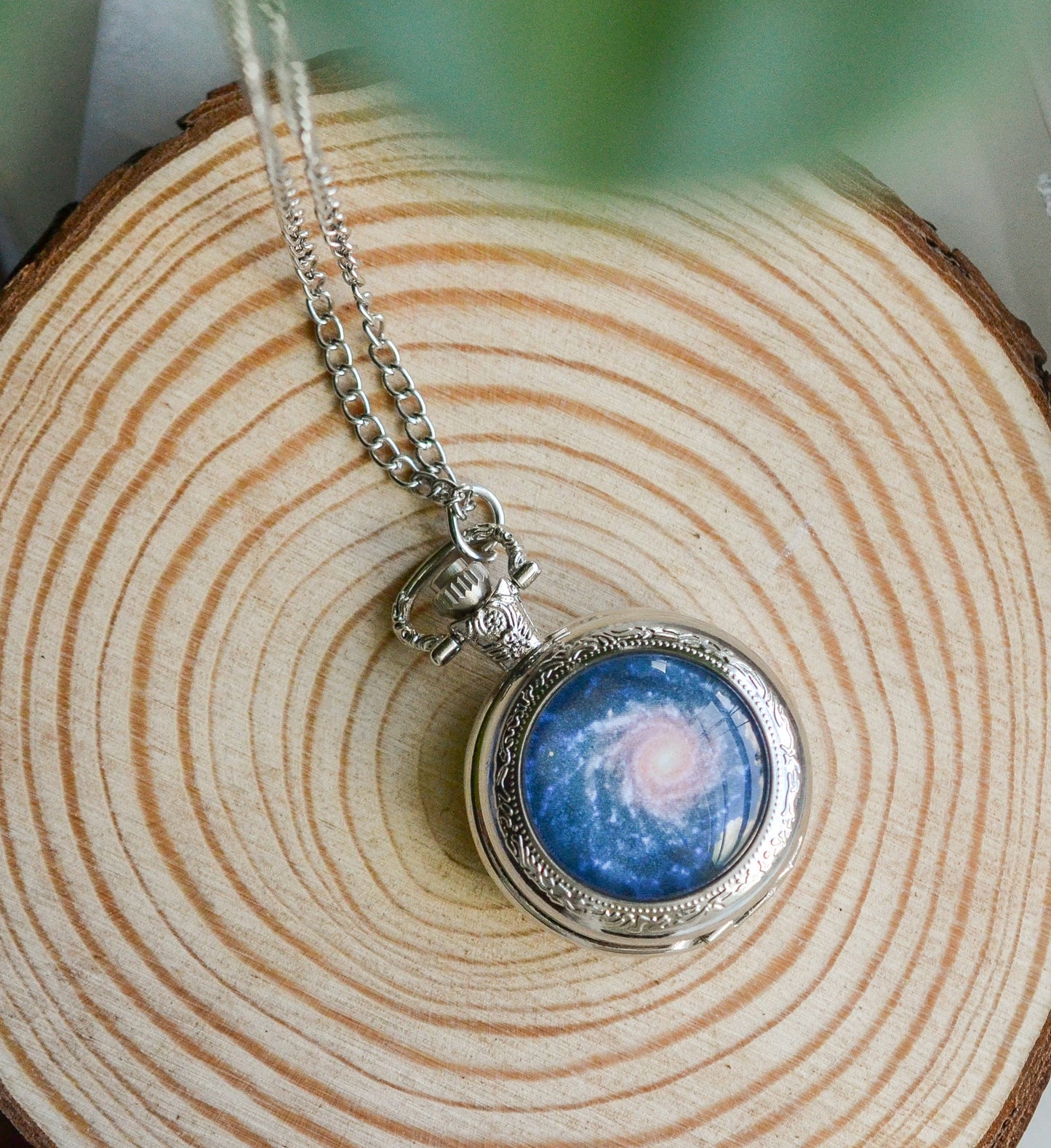 Blue Spiral Galaxy Pocket Watch Necklace
