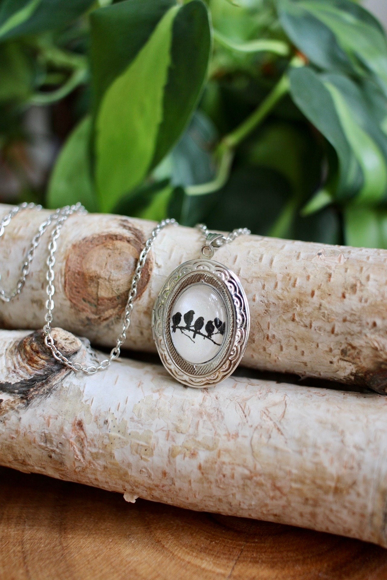 Birds on a Tree Branch Locket Necklace