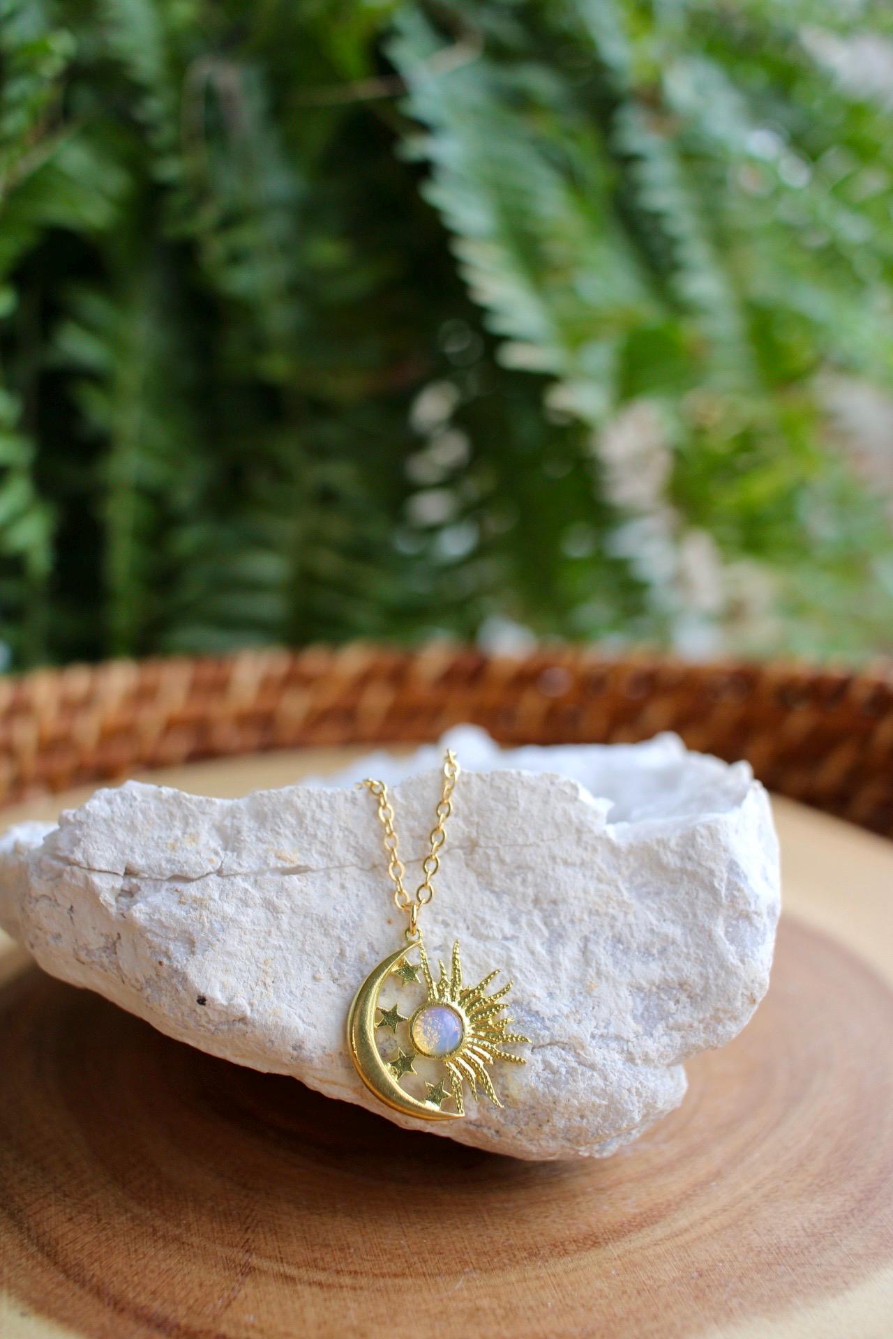 Opalite Celestial Sun Moon Stars Necklace