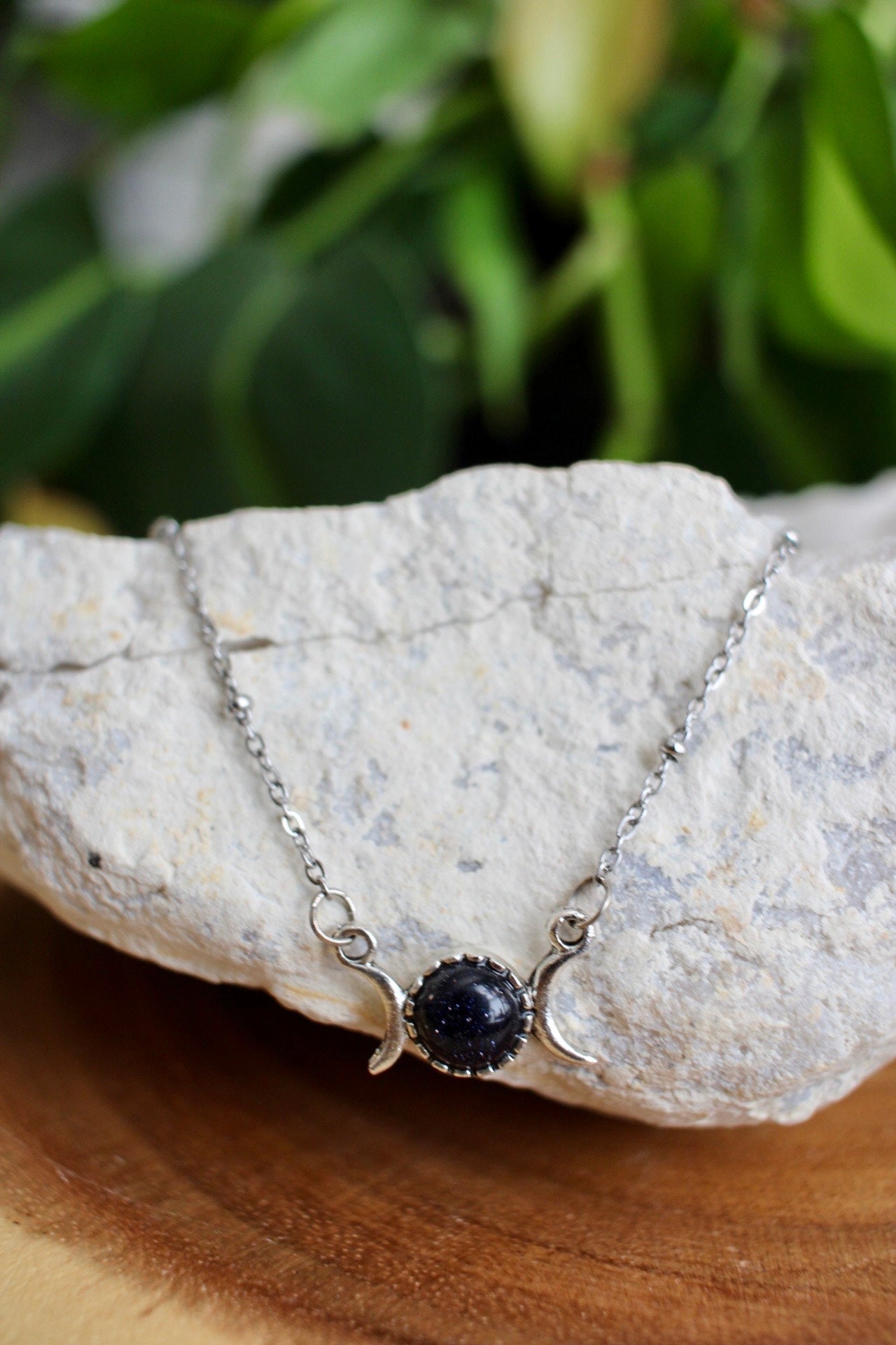 Dainty Triple Moon Blue Goldstone Necklace