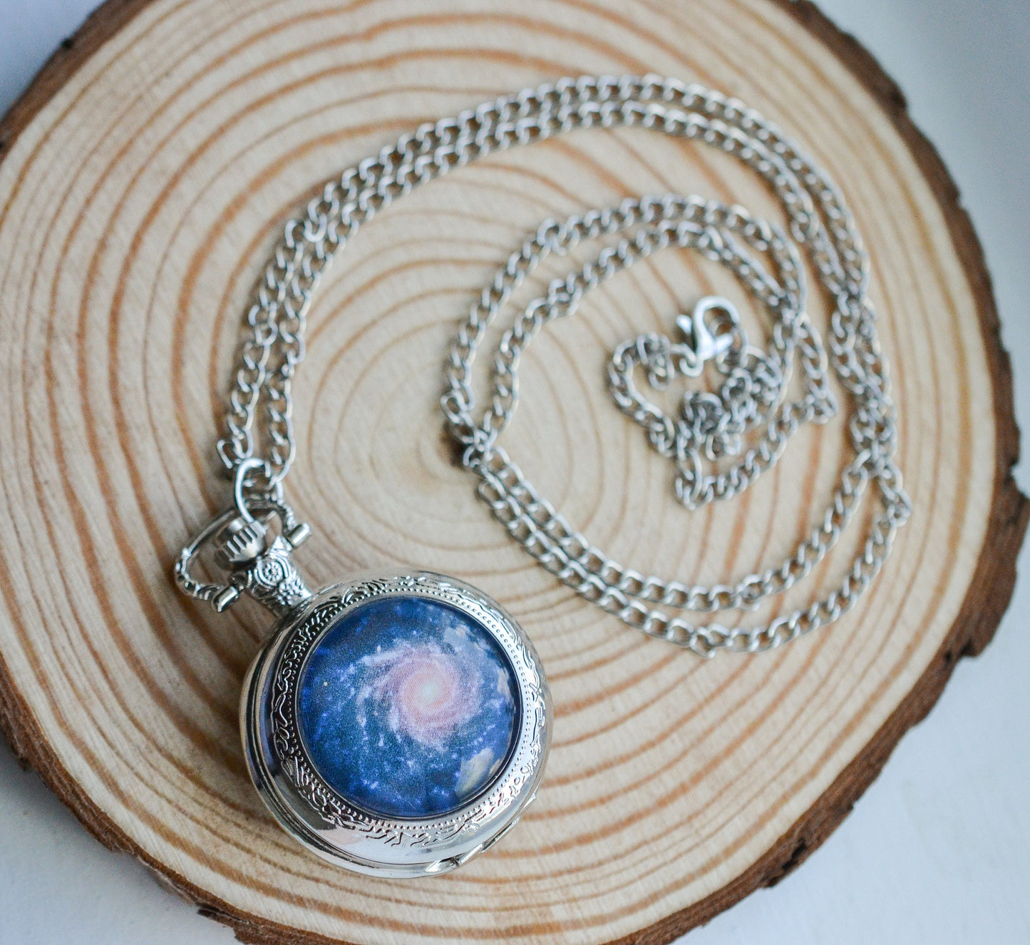 Blue Spiral Galaxy Pocket Watch Necklace