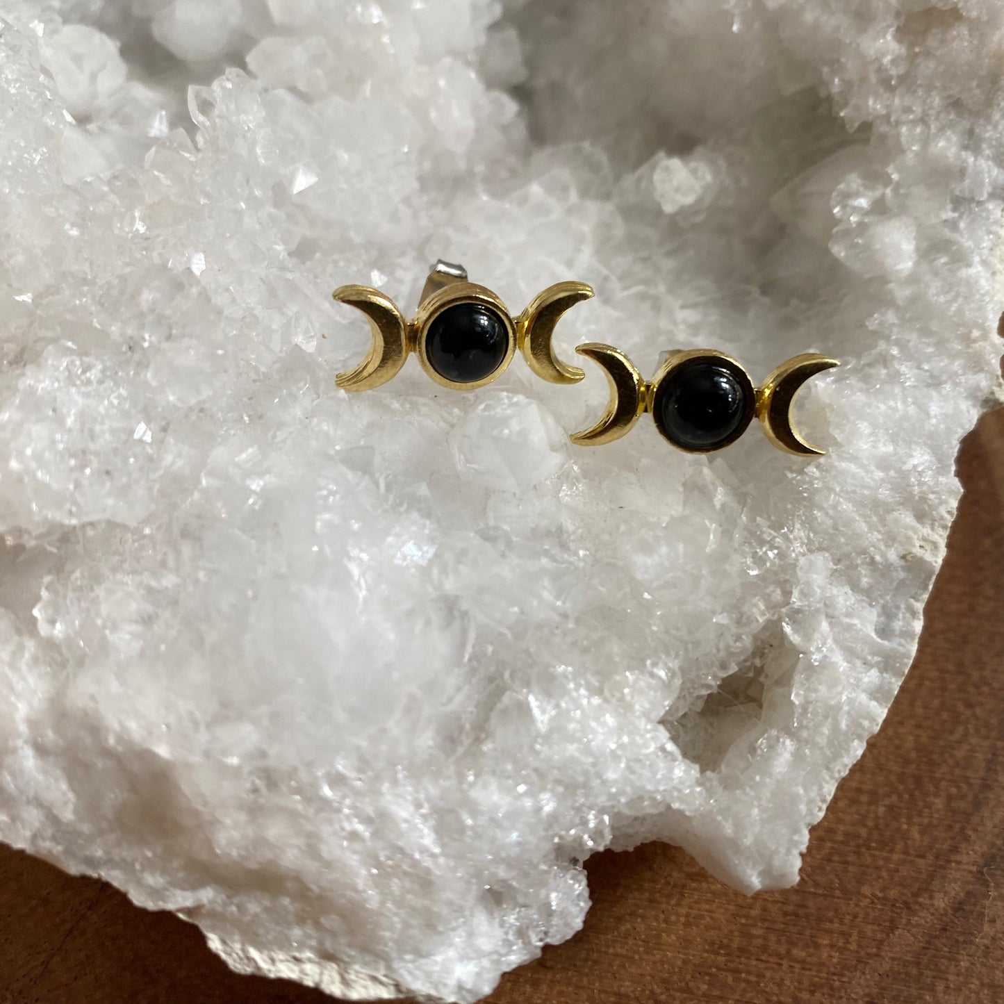 Black Onyx Triple Moon Stud Earrings