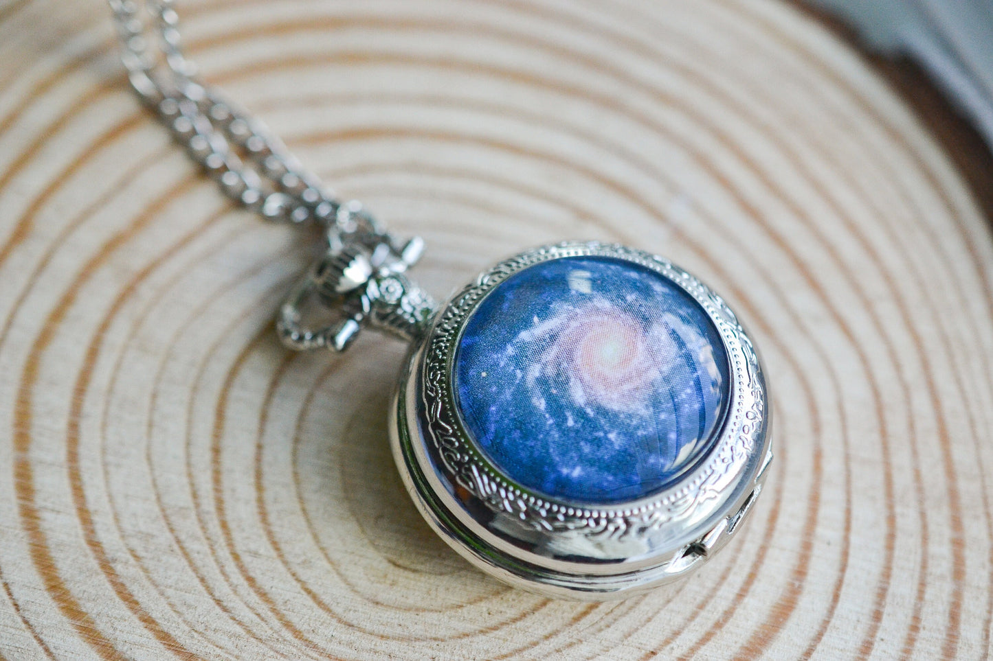 Blue Spiral Galaxy Pocket Watch Necklace