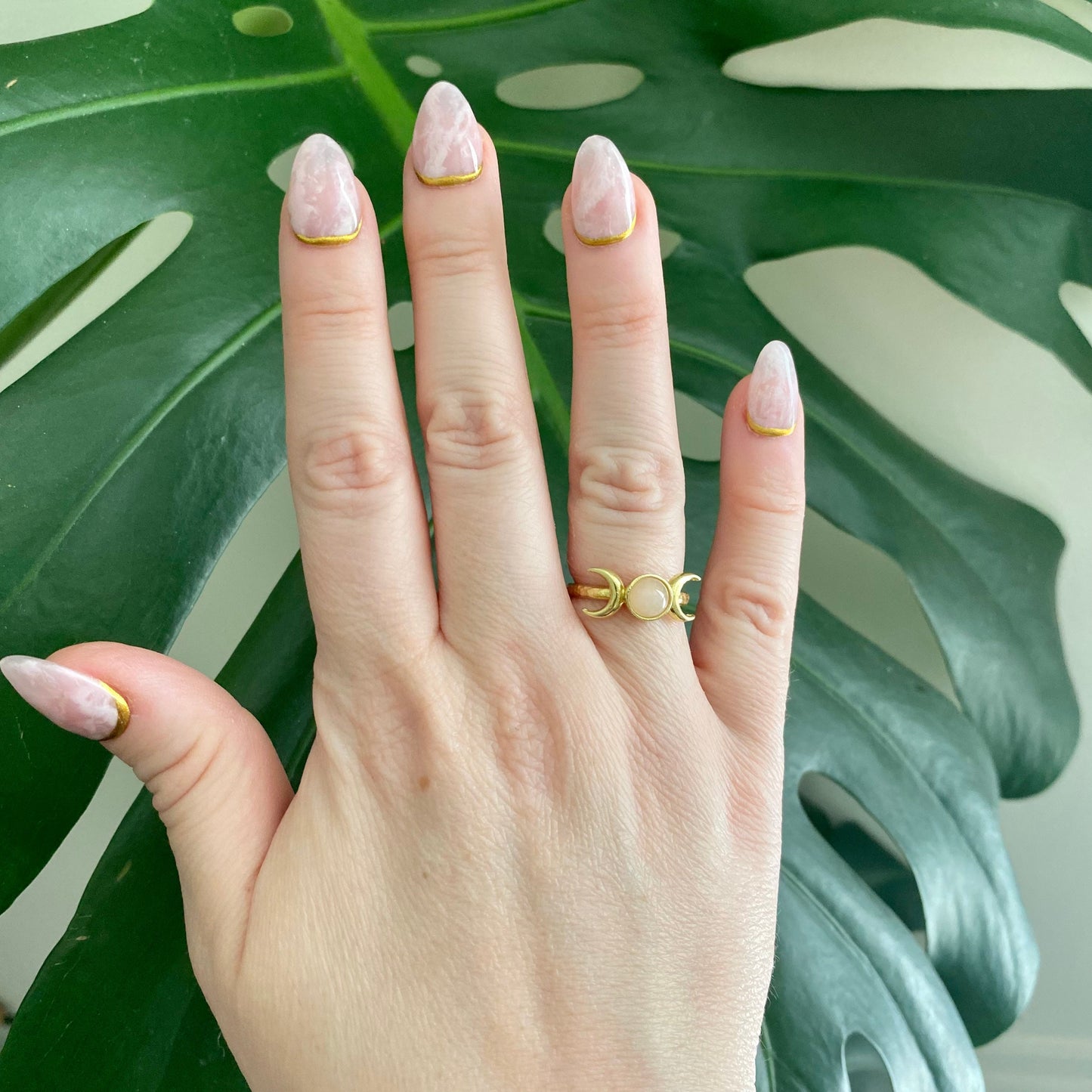 Rose Quartz Triple Moon Ring