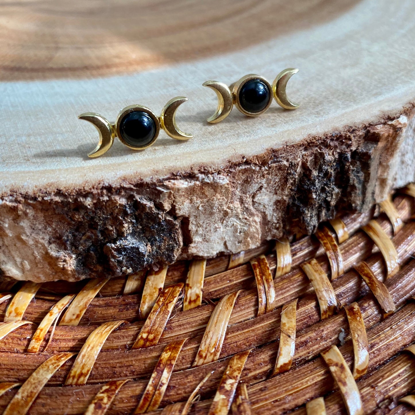 Black Onyx Triple Moon Stud Earrings