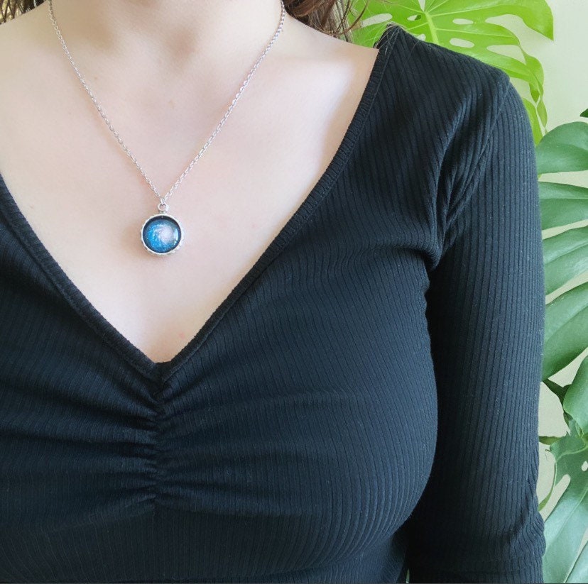 Blue Spiral Galaxy Pendant Necklace