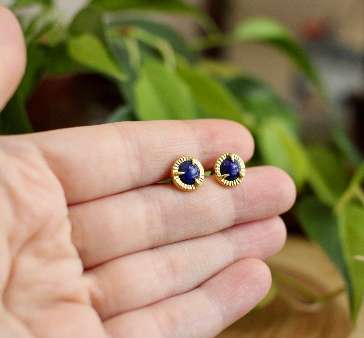 Dainty Brass Lapis Lazuli Earrings, Blue Gemstone Studs, Minimalist Jewelry