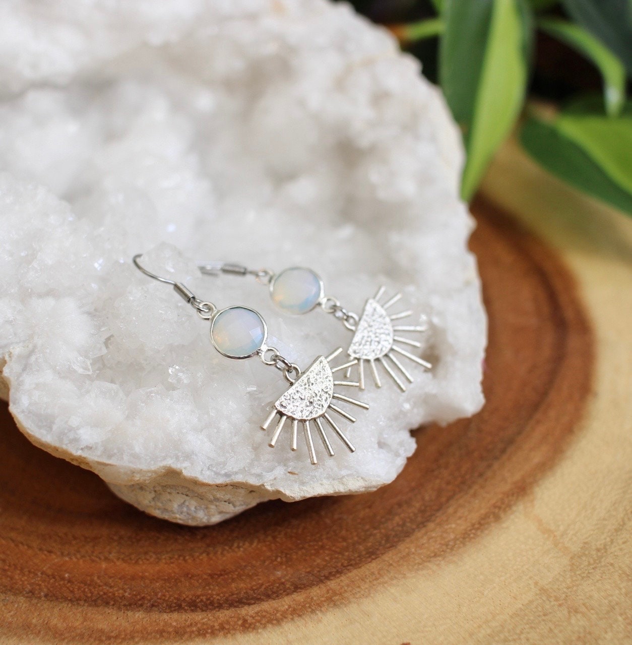 Opalite Silver Sun Dangle Earrings