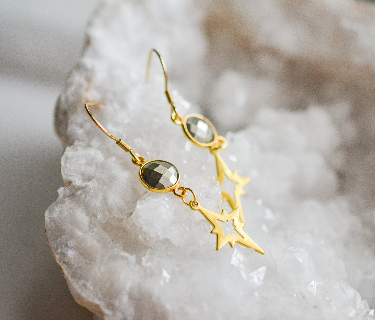Gold Pyrite Star Dangle Earrings