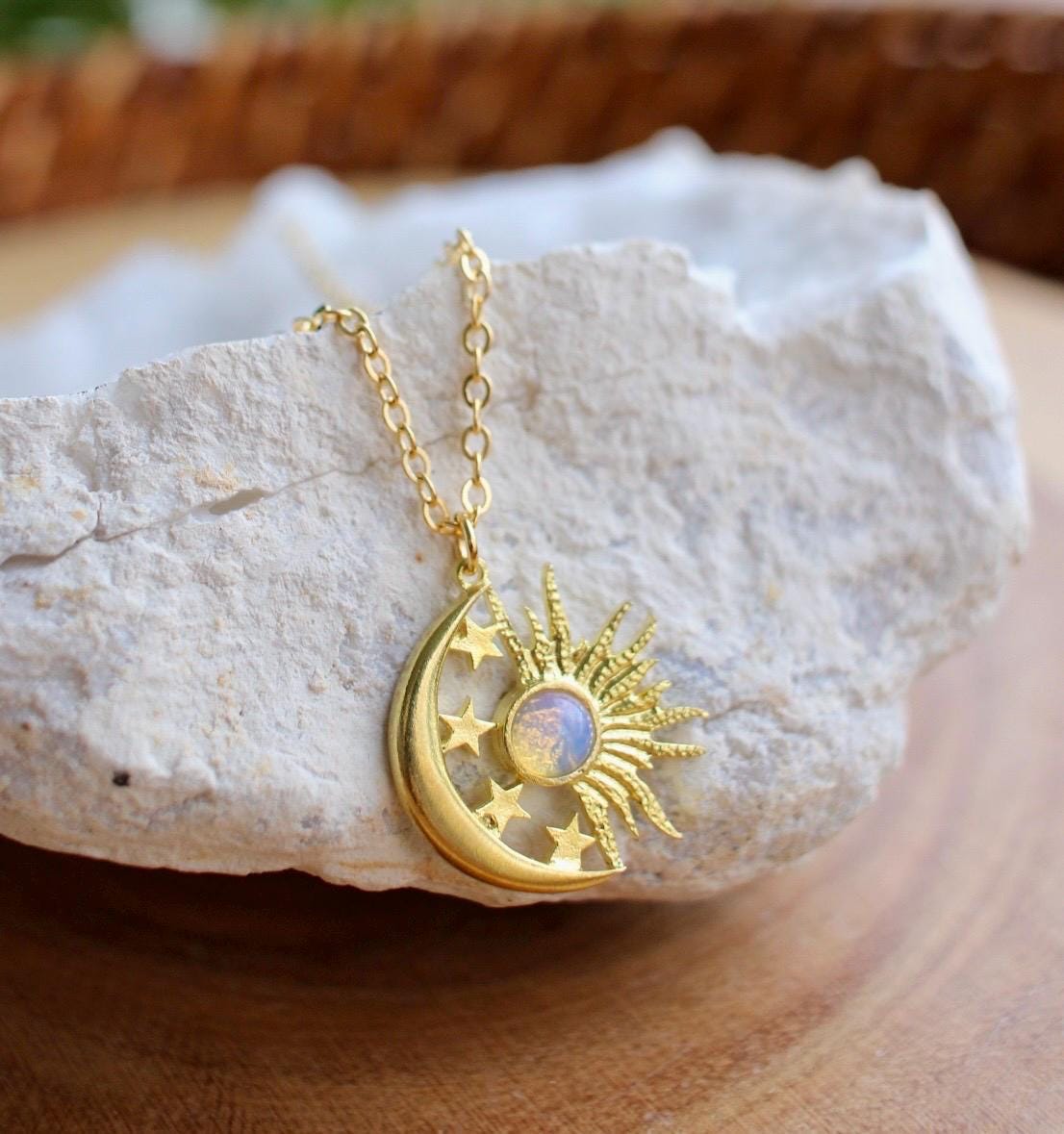Opalite Celestial Sun Moon Stars Necklace